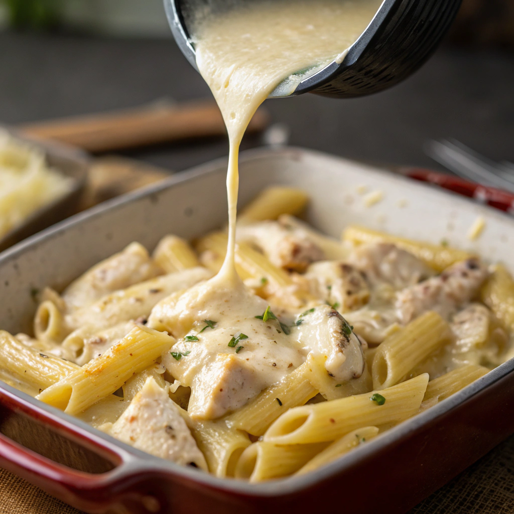 A creamy cheese sauce being poured over a baking dish filled with penne and chicken.