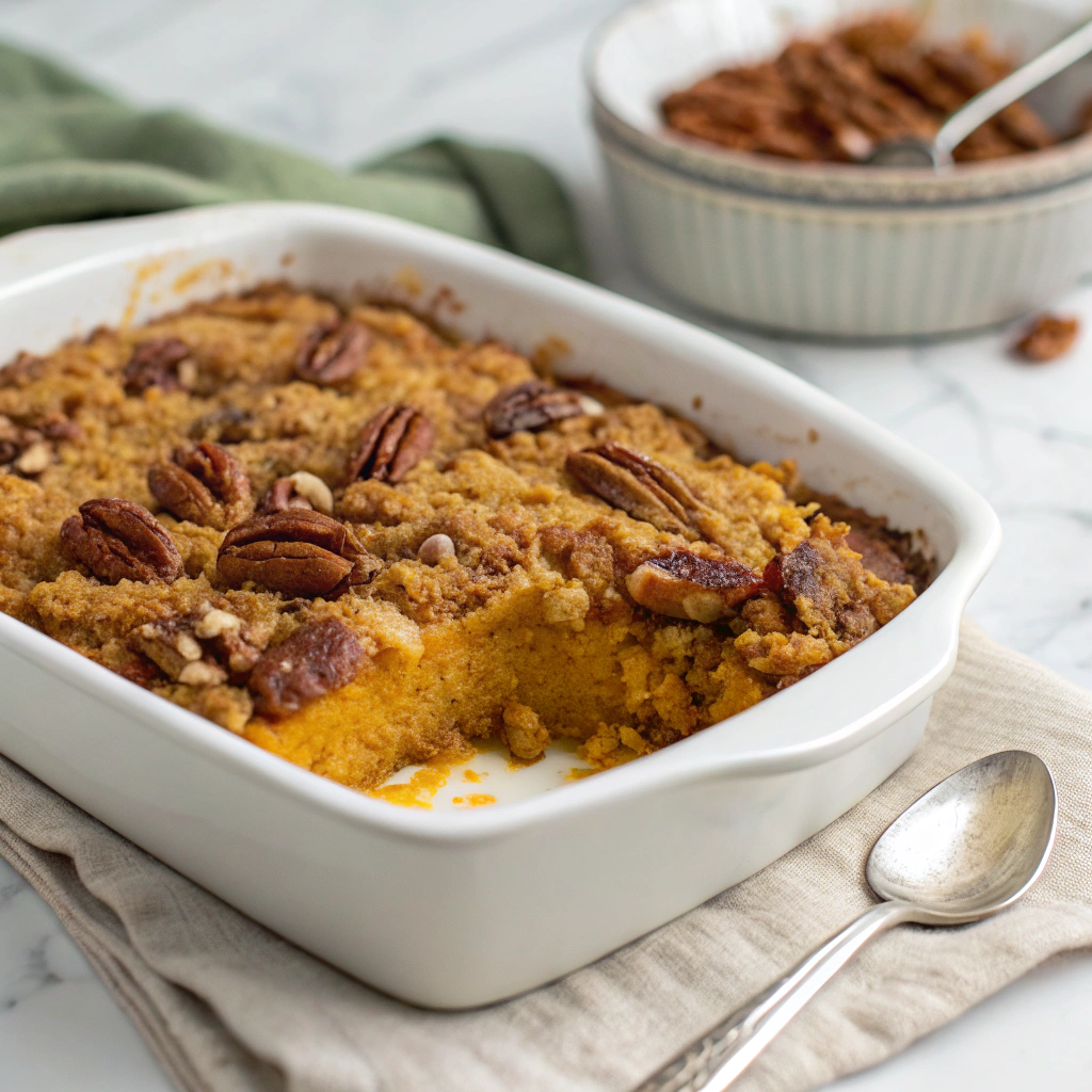 Close-up view of a freshly baked Pumpkin Dump Cake in a white ceramic baking dish. The golden-brown topping is beautifully textured with pecans and melted butter, while the rich pumpkin base peeks through the edges. The dish is set on a white marble countertop, accompanied by a folded linen napkin and a silver serving spoon in the blurred background.