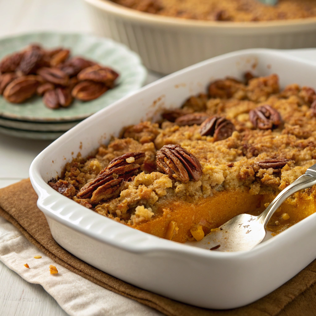 Close-up view of a freshly baked Pumpkin Dump Cake in a white ceramic dish. The golden-brown topping has crispy edges, and the pecans appear toasted. A serving spatula rests beside the dish, with a small plate and fork ready in the background.