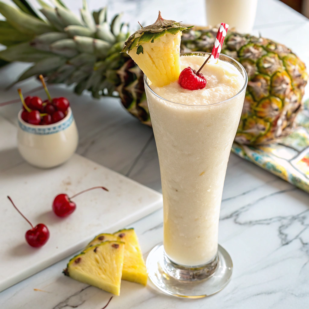 Close-up view of two glasses filled with Virgin Pina Colada, garnished with pineapple wedges and cherries. The glasses are placed on a white marble countertop, with a few extra ice cubes scattered around. A coconut half and a small pineapple leaf add a tropical touch in the softly blurred background.