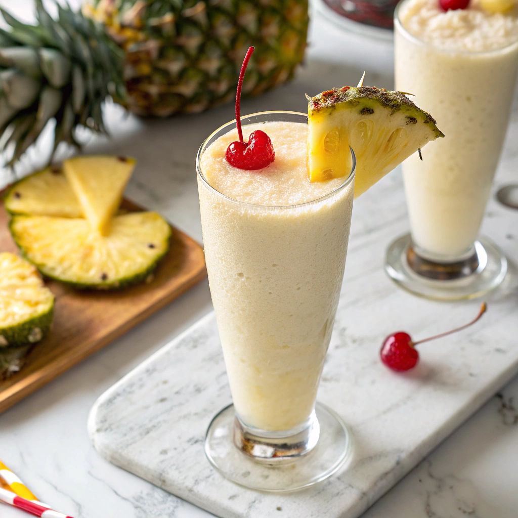 Close-up view of a freshly blended Virgin Pina Colada in a tall glass, garnished with a pineapple wedge and a maraschino cherry. The creamy drink is set against a white marble countertop, with a small coconut half and a scattering of pineapple chunks in the blurred background. Bright, natural lighting enhances the vibrant colors, making the drink look extra inviting.
