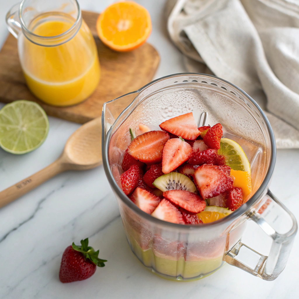 Close-up view of a glass blender jar filled with sliced strawberries, freshly squeezed lime juice, and a splash of orange juice. The vibrant red and orange hues contrast beautifully against the white marble countertop, with a wooden spoon and a folded linen napkin in the background.