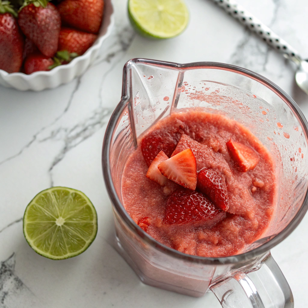 Close-up view of a glass blender jar with blended strawberries and ice, creating a thick, slushy consistency. The rich pink color of the drink stands out against the white marble countertop, with a lime wedge resting nearby.