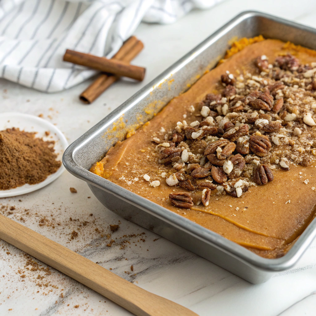 Close-up view of a baking pan with a layer of pumpkin filling topped with an even dusting of spice cake mix. Coarsely chopped pecans are scattered on top, adding texture. The baking pan is placed on a white marble countertop with a wooden spatula resting nearby.