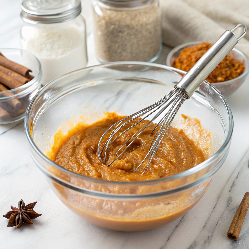 Close-up view of a glass mixing bowl filled with smooth, spiced pumpkin mixture. A stainless steel whisk rests inside the bowl, with warm spices and sugar containers neatly placed in the background on a white marble countertop.