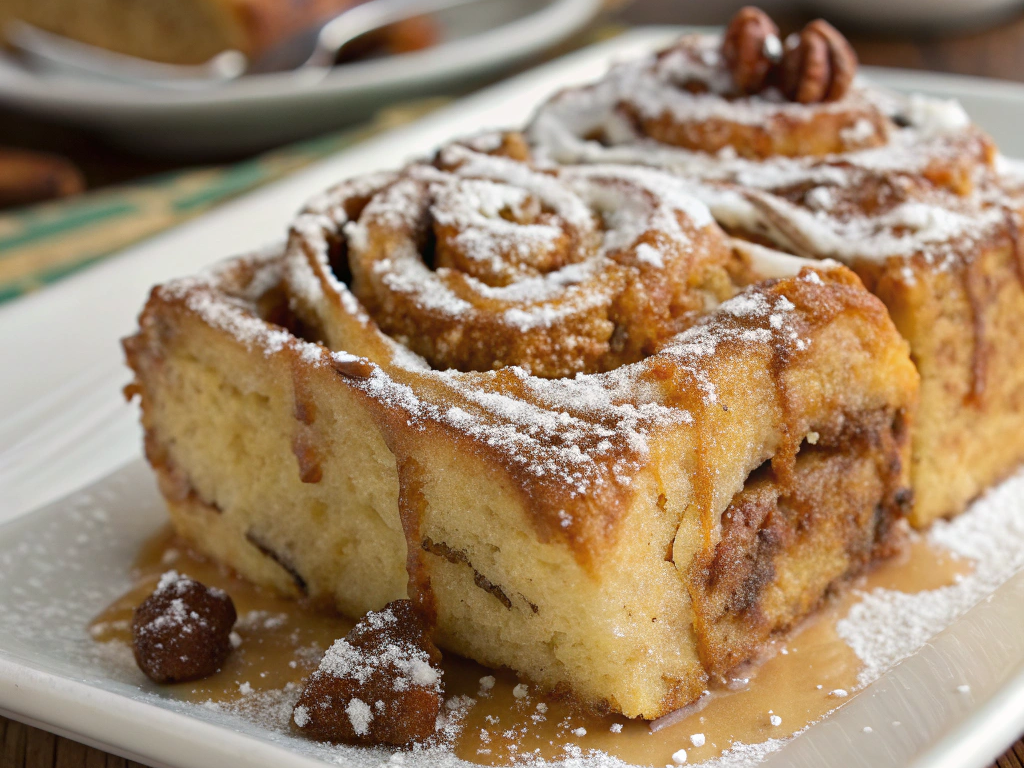 Close-up view of the baked casserole being drizzled with icing, with a spoon resting beside it. The lighting highlights the glossy, sweet icing cascading over the golden casserole.
