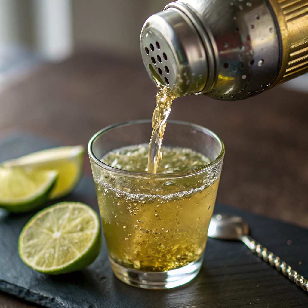 Close-up view of a Green Tea Shot Mocktail being poured into a small glass. The golden-green liquid flows smoothly, with tiny bubbles forming on the surface. A lime wedge is placed on the rim, adding a fresh, zesty touch.