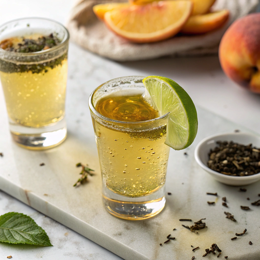 Close-up view of a Green Tea Shot Mocktail served in a small glass. The golden-green liquid is topped with tiny bubbles, and a lime wedge rests on the rim. The glass sits on a white marble countertop, with a few loose tea leaves and a peach slice nearby, illuminated by natural light.