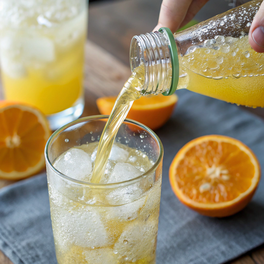 Close-up view of orange juice and soda being poured into the glass, with fizzy bubbles rising to the surface, in a cheerful kitchen environment.