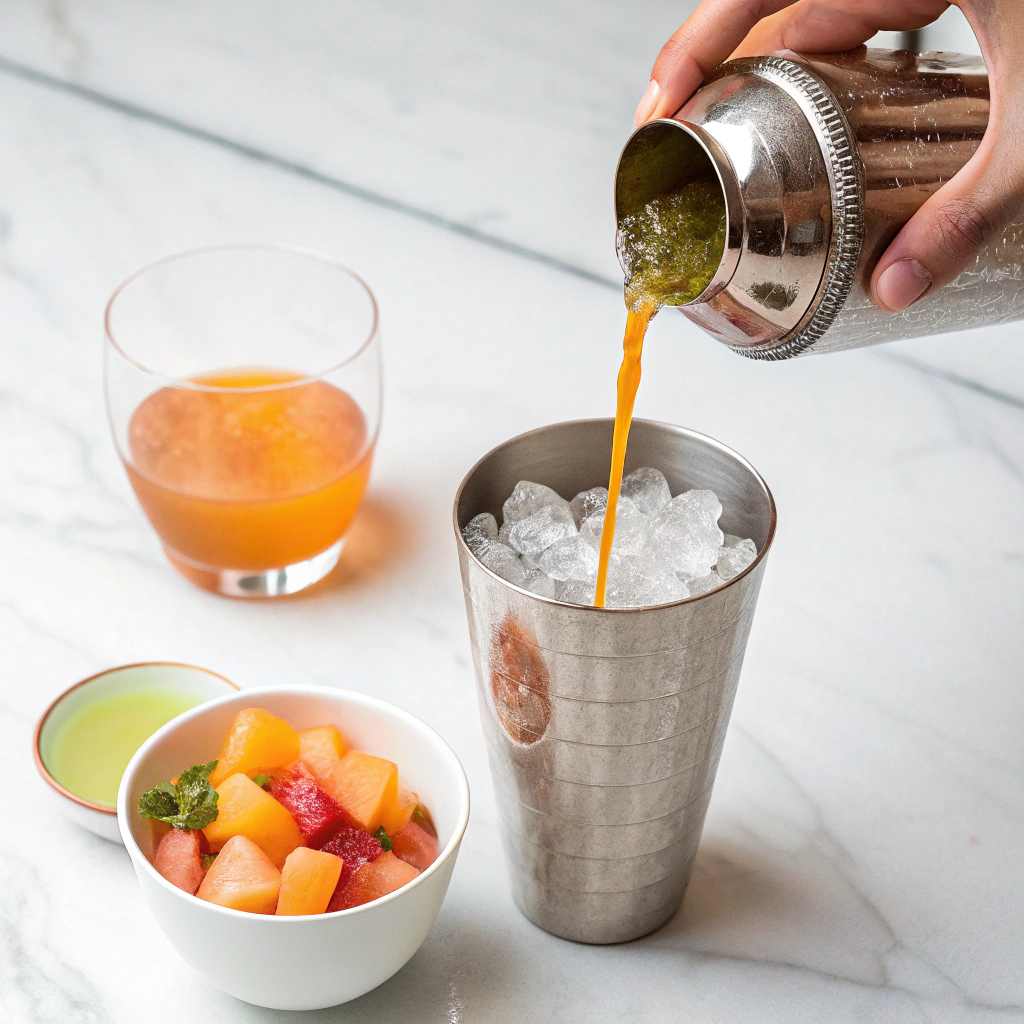Close-up view of a hand pouring peach juice into a cocktail shaker filled with ice. Next to it, a small bowl of sweet and sour mix and a cup of green tea are arranged neatly on a white marble surface.