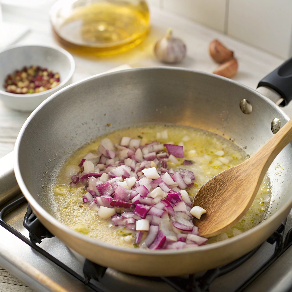 Close-up view of a large pot on a white marble countertop, with melted butter sizzling as chopped red onions and minced garlic are being sautéed. A wooden spoon rests beside the pot, and a small bowl of pre-measured spices sits in the blurred background, illuminated by bright, natural lighting.