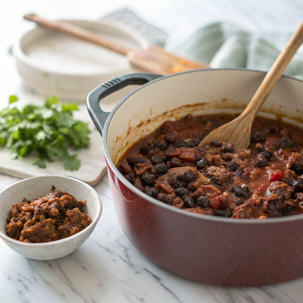 Close-up view of a large pot on a white marble countertop, showing the final mixture of venison, black beans, and the rich, smoky chili base. A wooden spoon is stirring the mixture, and a small bowl of fresh cilantro sits in the blurred background, illuminated by bright, natural lighting.