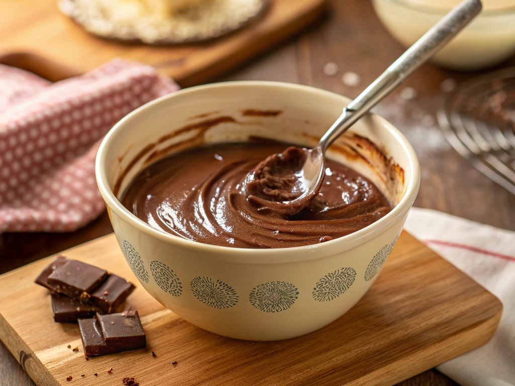 Close-up view of a microwave-safe bowl filled with melted chocolate and sweetened condensed milk, with a spoon stirring the mixture, in a cozy kitchen setting.