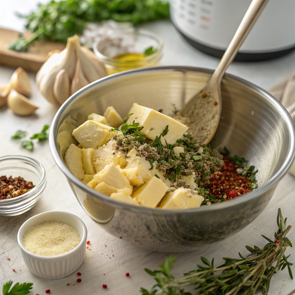 Close-up view of a mixing bowl with softened butter, garlic, herbs, and spices being stirred together, in a bright kitchen setting.