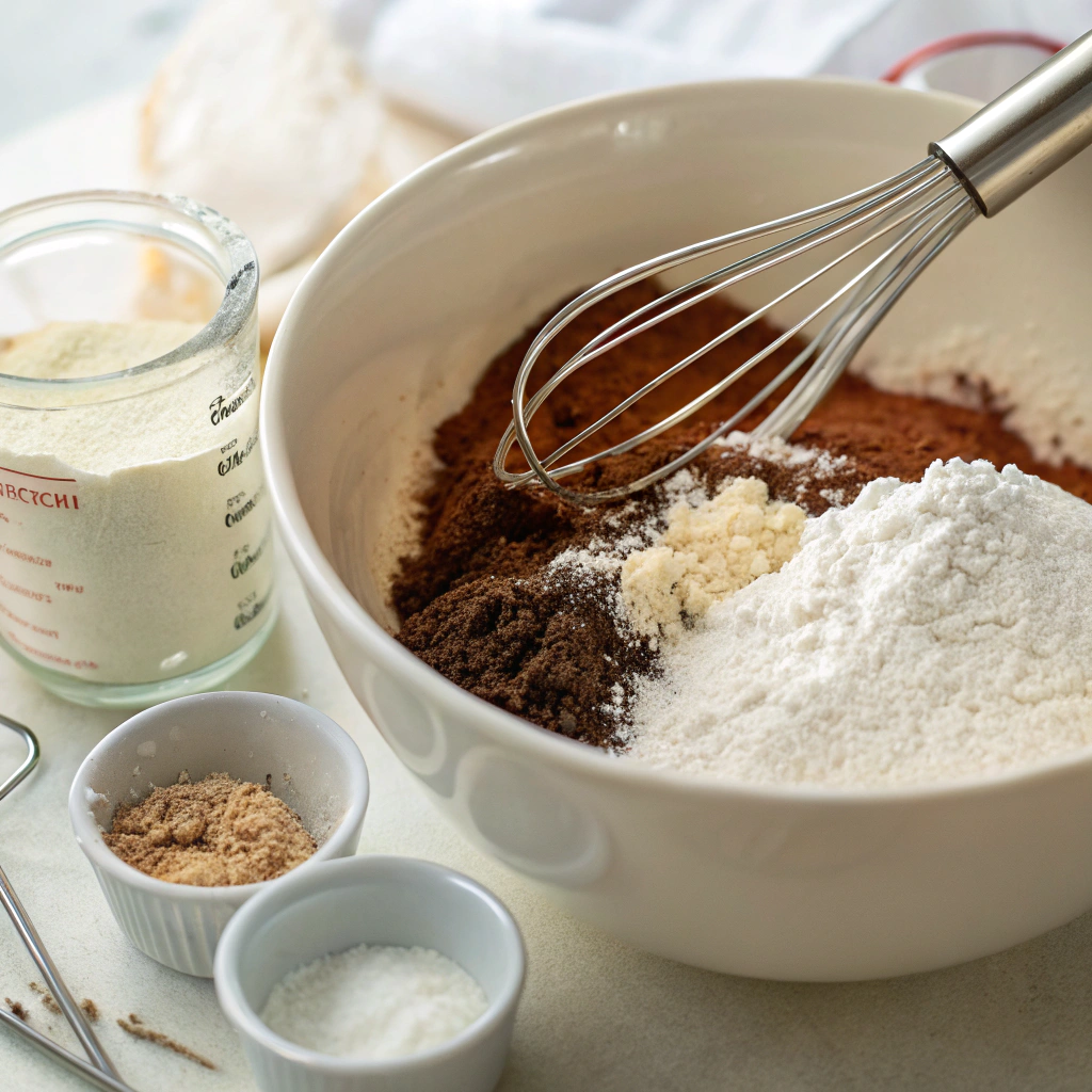 Close-up view of a mixing bowl with sugar, cocoa powder, and flour being whisked together, with a whisk and measuring cups on the side, in a well-lit kitchen.