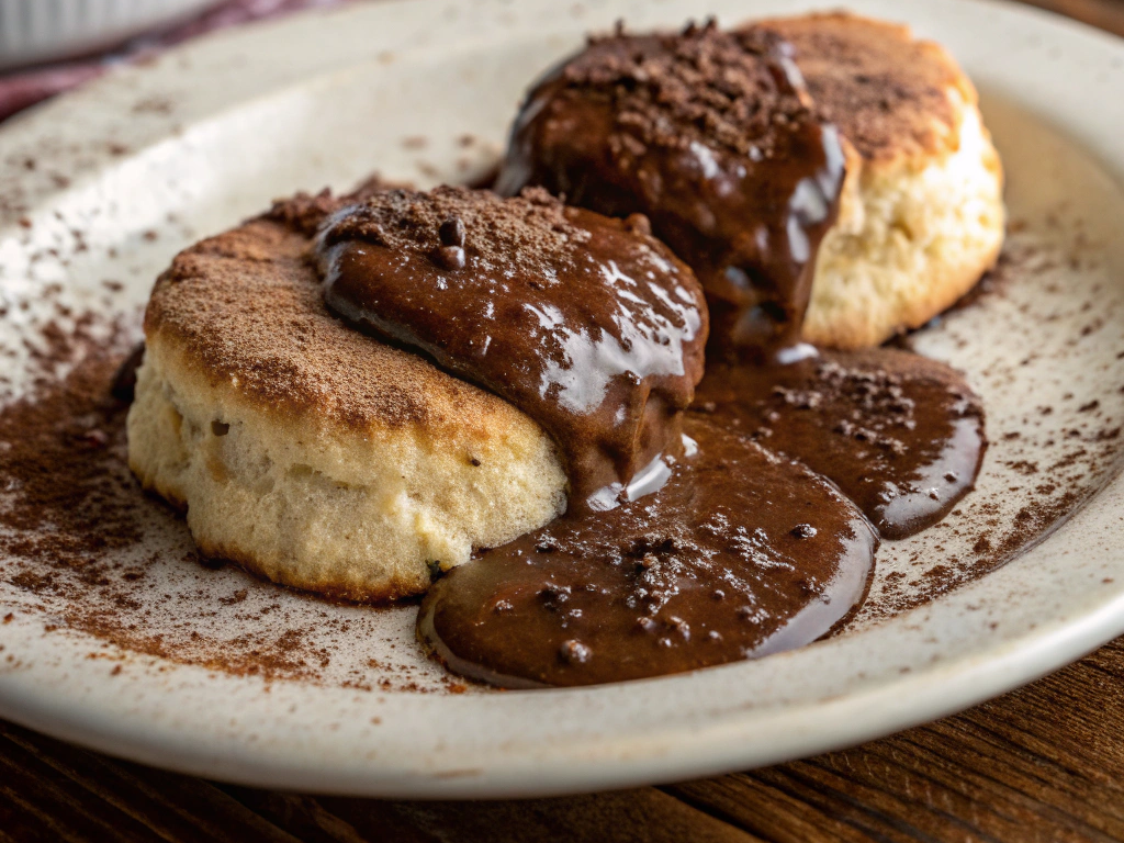 Close-up view of a plate with warm biscuits smothered in chocolate gravy, garnished with a dusting of cocoa powder, on a rustic wooden table.