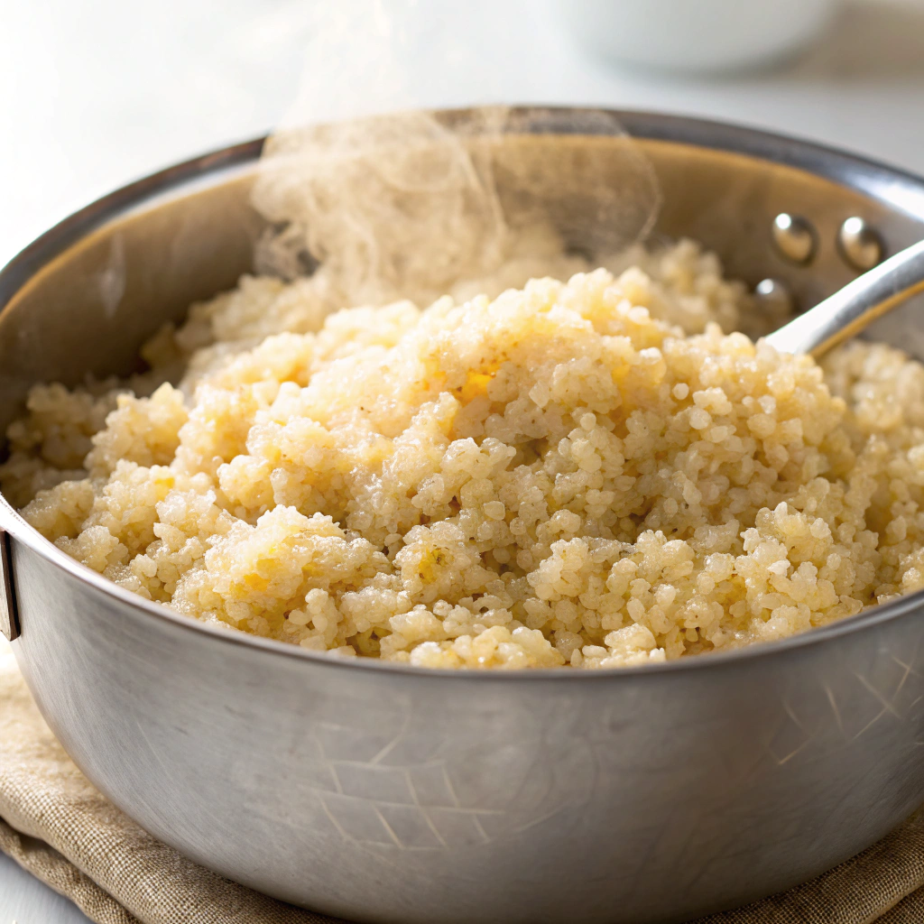 A saucepan filled with fluffy quinoa, ready to be served.