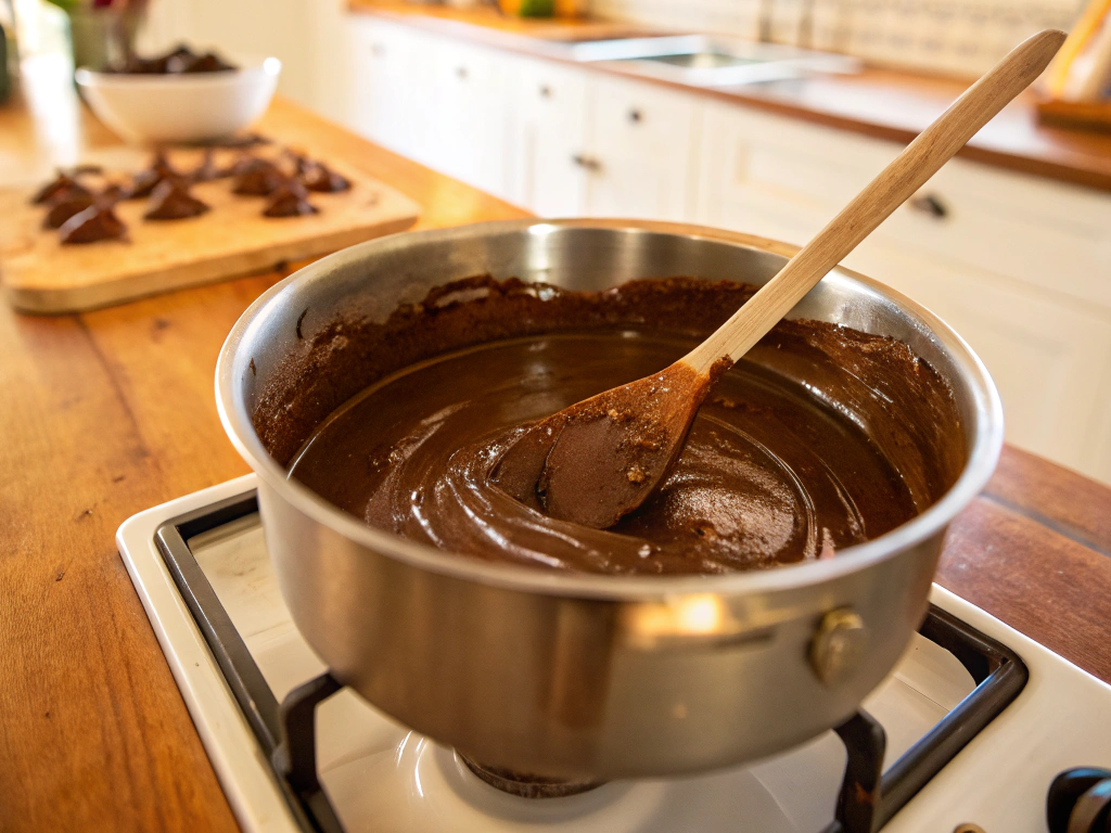Close-up view of a saucepan on the stove, with a spoon stirring the thickening chocolate gravy, in a warm, inviting kitchen setting.