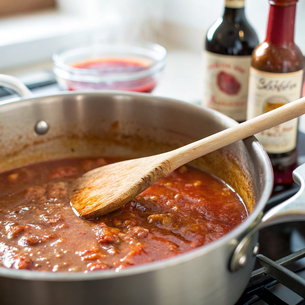 Close-up view of a simmering pot on a white marble countertop, showing a thick, bubbling mixture of tomato paste, spices, and chicken broth. A wooden spoon is partially submerged in the mixture, and a small jar of red wine vinegar sits in the blurred background, illuminated by bright, natural lighting.