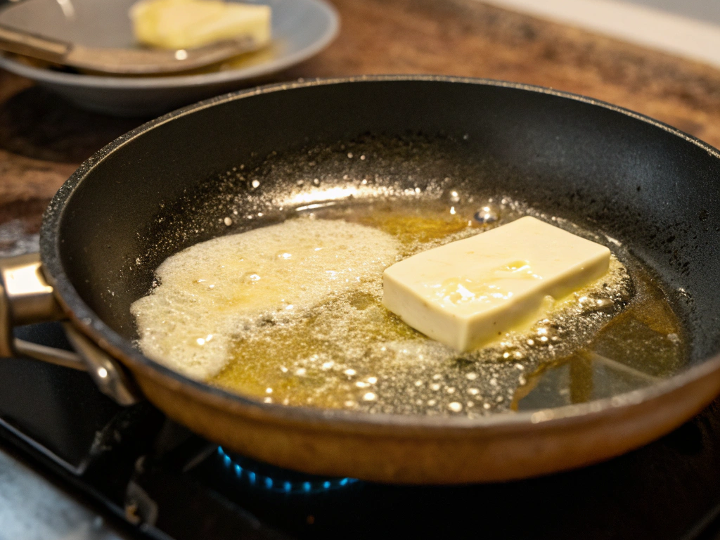 Close-up view of a skillet heating on the stove, with a light coating of butter melting across the surface.