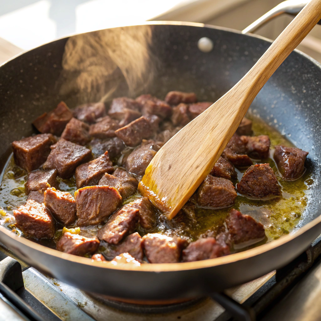 Close-up view of a skillet on a white marble countertop, showing diced venison sizzling in canola oil. A pair of tongs rests beside the skillet, and a small bowl of pre-measured black beans sits in the blurred background, illuminated by bright, natural lighting.