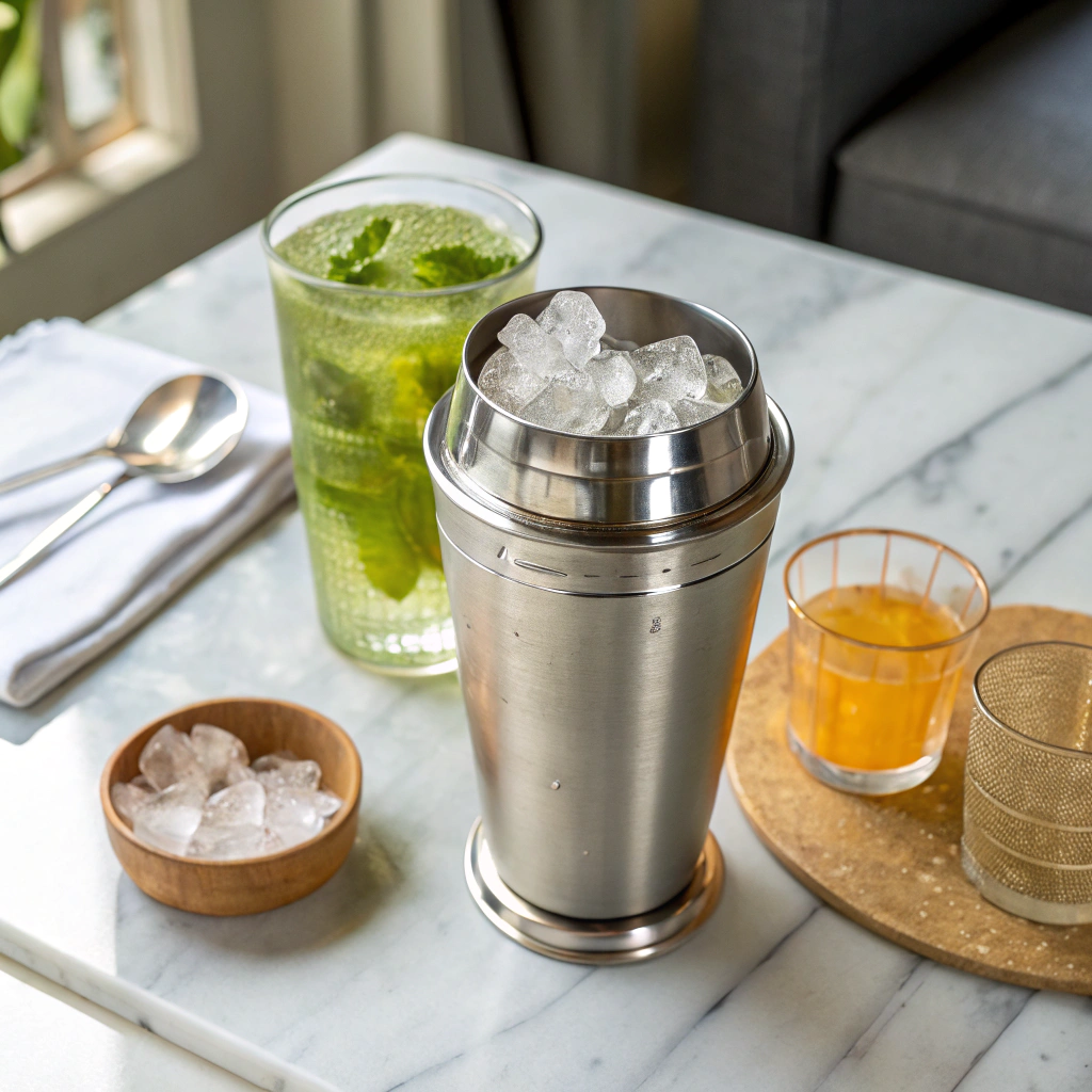Close-up view of a stainless steel cocktail shaker filled with ice cubes. The shaker is placed on a white marble countertop, with a glass of chilled green tea and a small dish of peach juice beside it. Natural light casts a fresh glow on the setup.