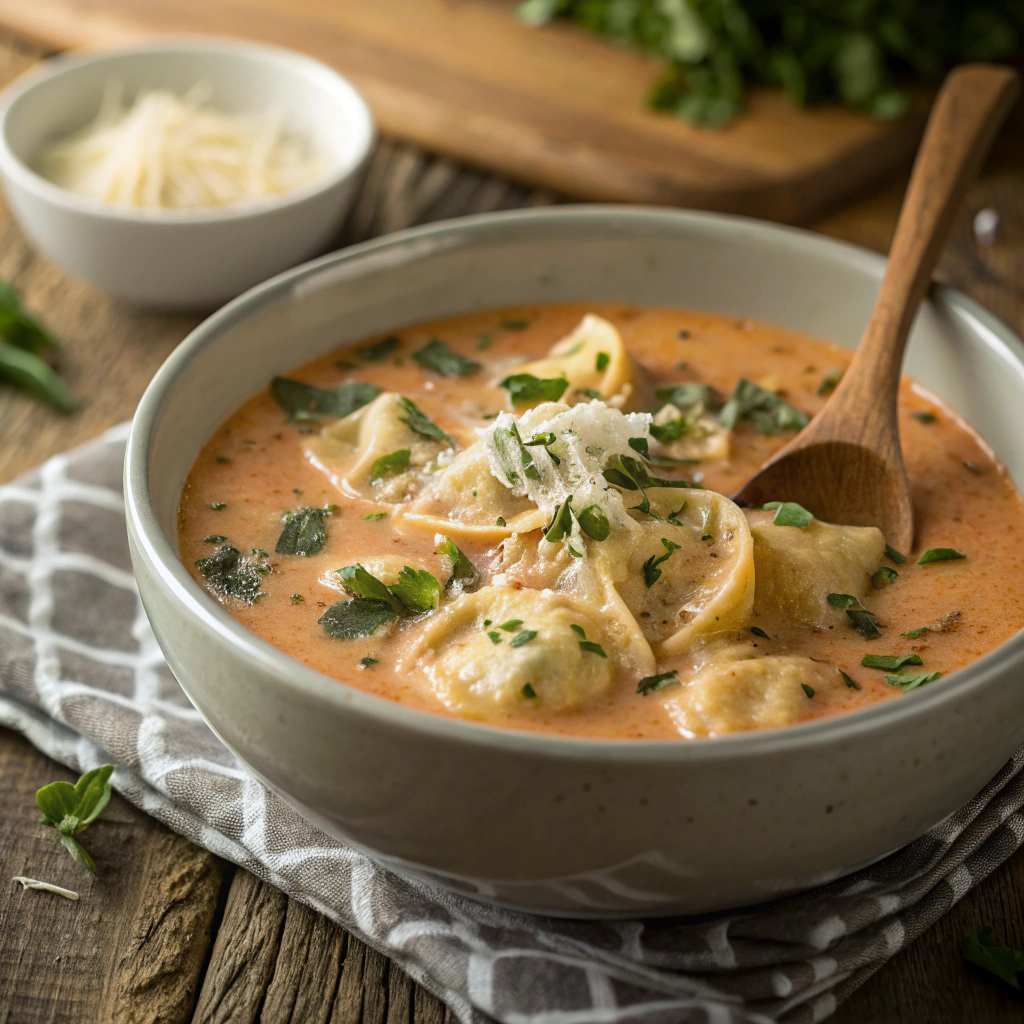 Close-up view of a steaming bowl of creamy tortellini soup, garnished with shredded cheese and fresh herbs, set on a rustic table with a wooden spoon resting beside it. The lighting highlights the rich, velvety texture of the broth.