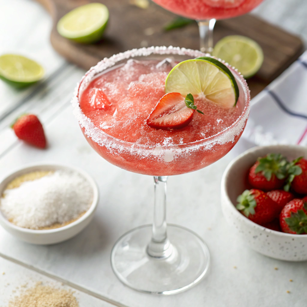 Close-up view of a strawberry margarita glass with a sugared rim, garnished with a fresh lime slice. The glass is placed on a bright white countertop, with a small bowl of sugar and a sliced lime in the background.
