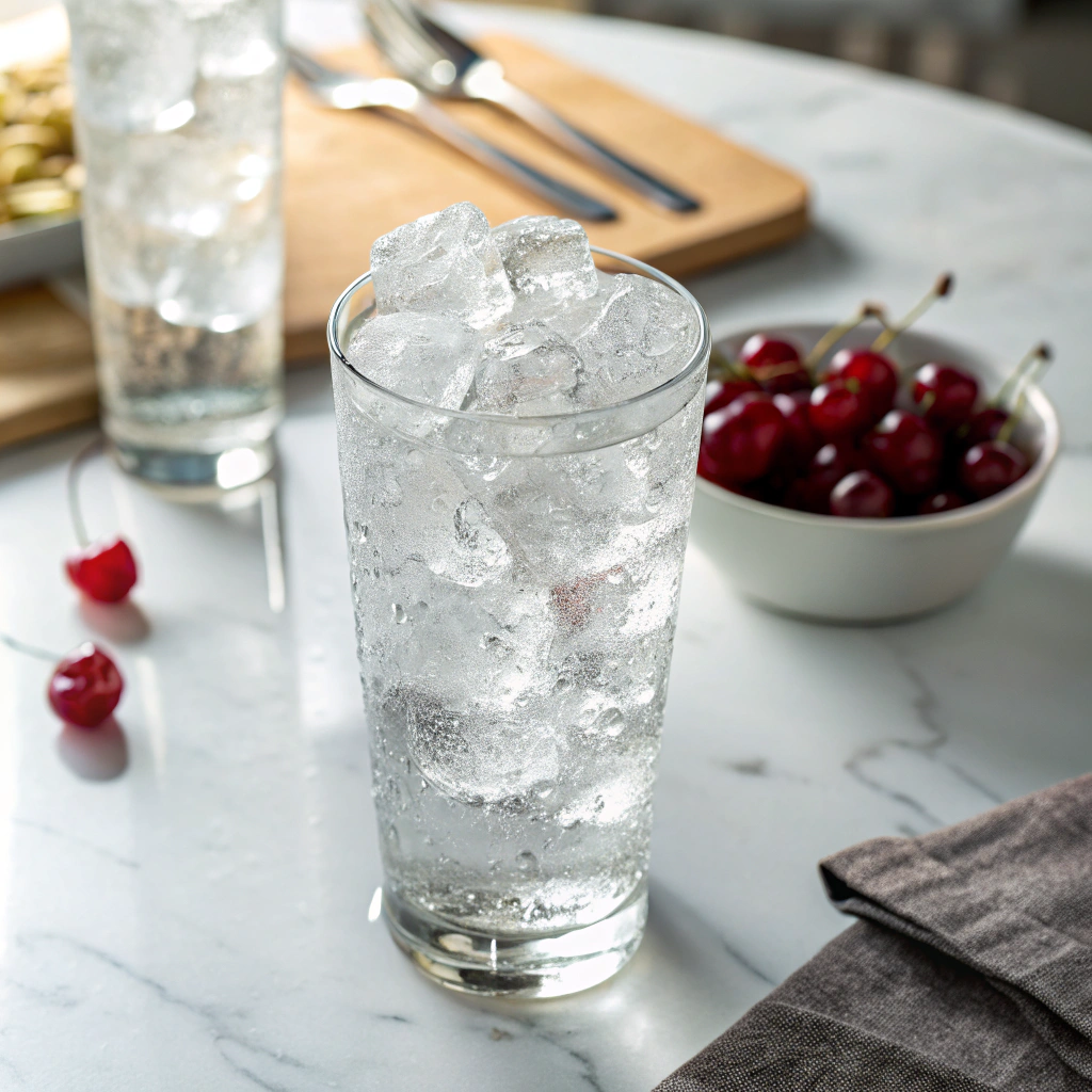 Close-up view of ice cubes being dropped into a clear glass, with condensation on the sides, in a bright kitchen setting.