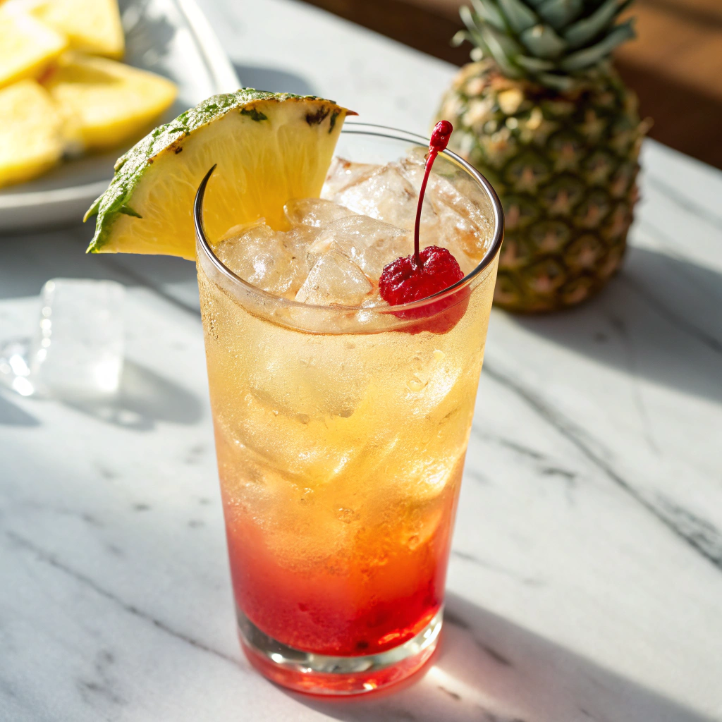 A close-up of a tall glass filled with ice, layered orange juice, lemon-lime soda, and grenadine syrup, garnished with a maraschino cherry and striped straw, in bright natural light.