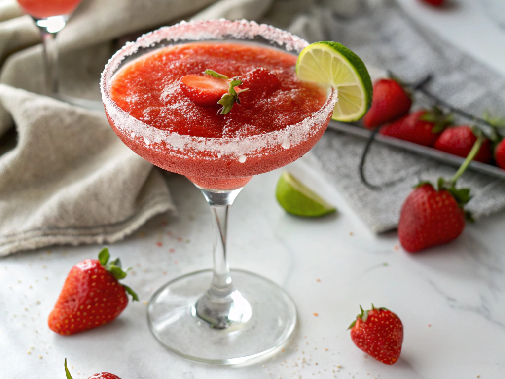 Close-up view of a vibrant Strawberry Margarita Mocktail served in a classic margarita glass, rimmed with sugar and garnished with a fresh strawberry and lime slice. The drink is placed on a white marble countertop, with scattered strawberries and a folded linen napkin in the background, illuminated by bright natural lighting.