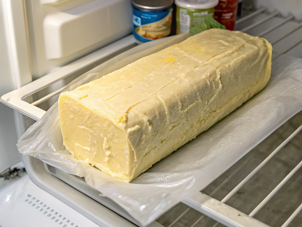 Close-up view of a wrapped cowboy butter log resting on a refrigerator shelf, with fresh herbs nearby, in a cozy kitchen environment.