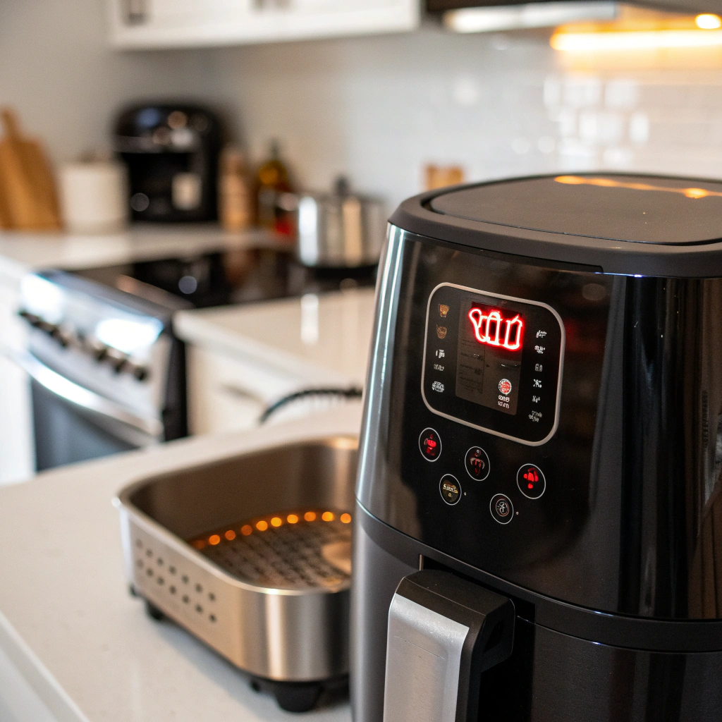 Close-up view of an air fryer preheating, with the temperature set to 400°F, in a modern kitchen setting.