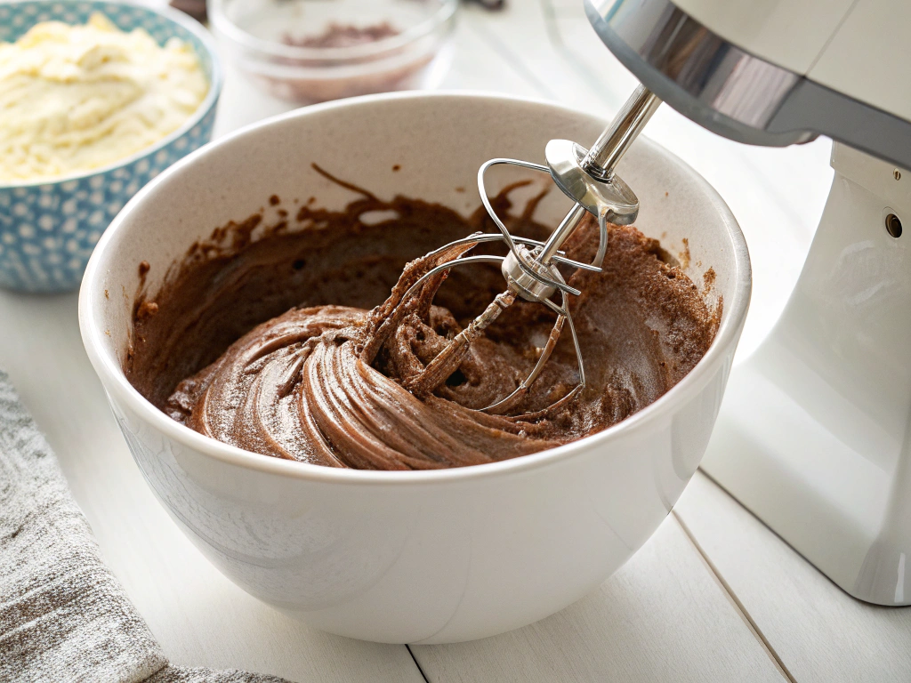 Close-up view of an electric mixer blending the chocolate mixture in a bowl, with the creamy texture visible, in a bright kitchen environment.