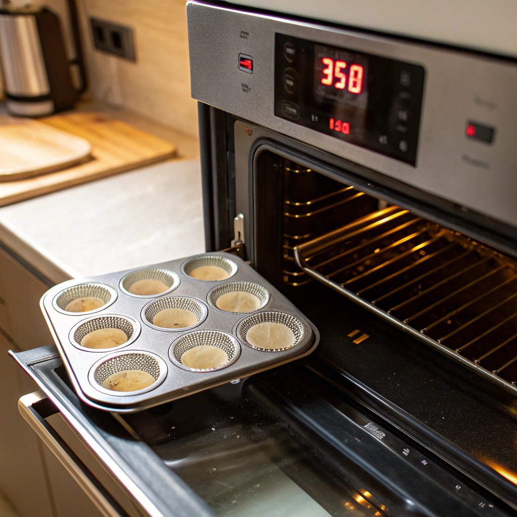Close-up view of an oven preheating to 350°F, with a muffin tin being lightly greased on a light kitchen counter.