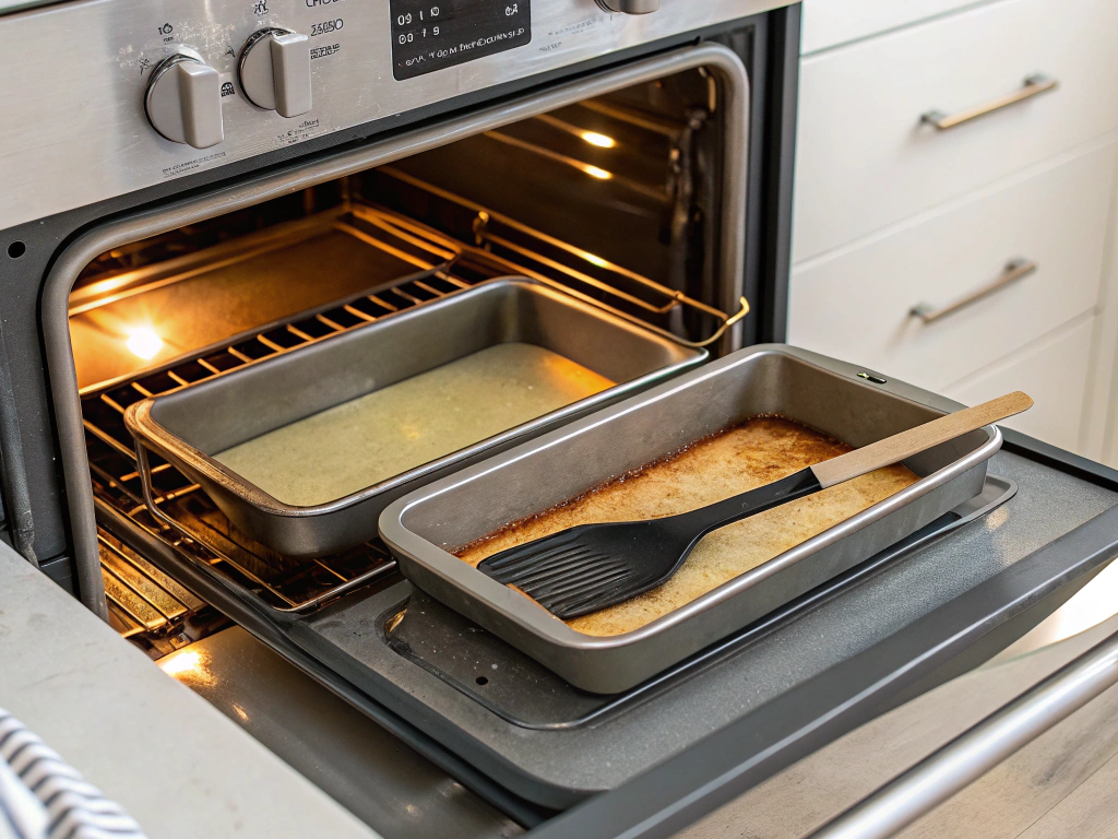 Close-up view of an oven preheating to 350°F, with two 9x13-inch pans being greased on a light kitchen counter.
