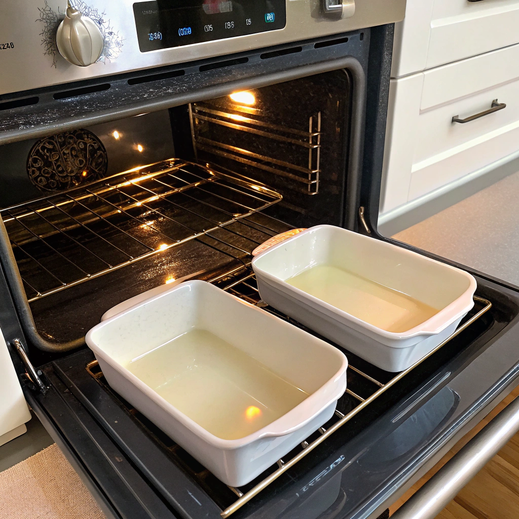 Close-up view of an oven preheating to 350°F, with two buttered casserole dishes ready on a light kitchen counter.