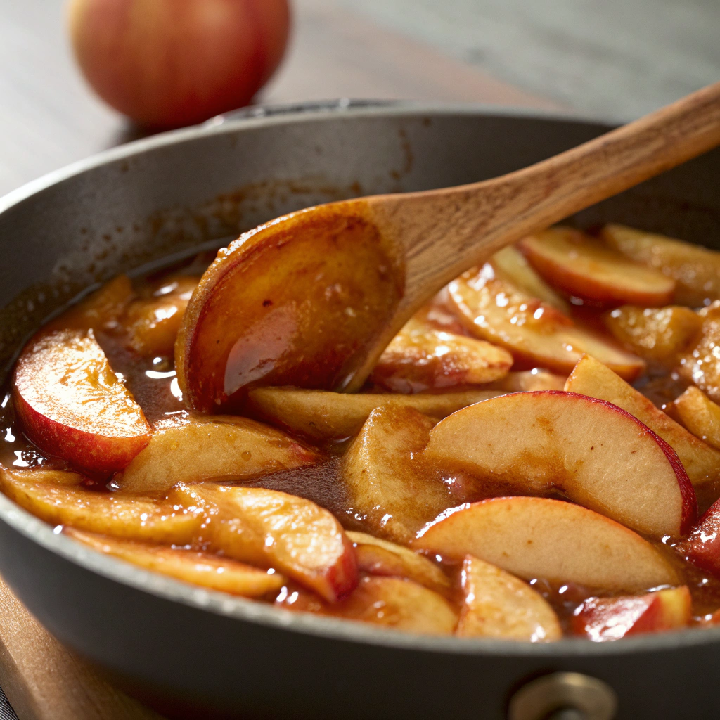 Close-up view of apple slices sizzling in amber-colored syrup, wooden spoon flipping pieces to show glossy coating. Backlit to emphasize texture.