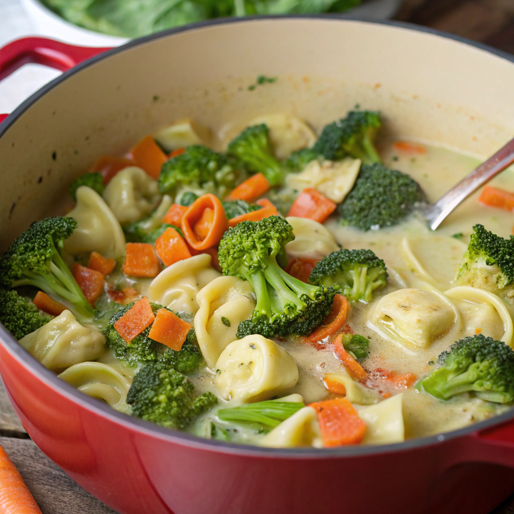 Close-up view of broccoli, carrot, and cheese tortellini being added to the Dutch oven, with the vibrant colors of the vegetables standing out against the creamy broth.