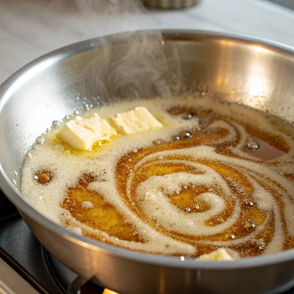 Close-up view of bubbling cinnamon sugar mixture in a stainless steel skillet, with melted butter creating golden swirls. Soft focus on steam rising from the pan.