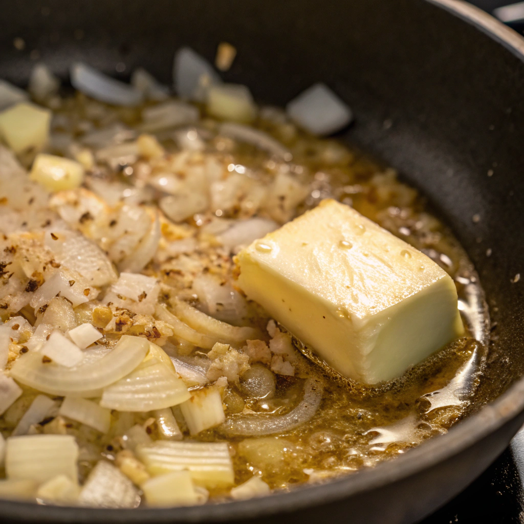 Close-up view of butter melting in a Dutch oven, with chopped onions and minced garlic sizzling, releasing a fragrant aroma. The lighting highlights the golden color of the onions.