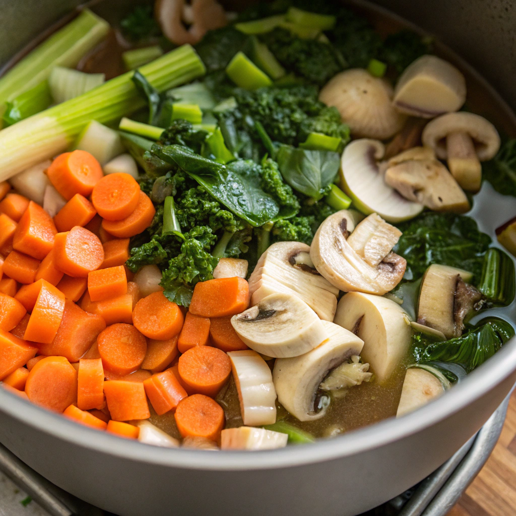Close-up view of carrots, mushrooms, celery, kale, chard, and garlic being added to the pot, with the vegetables softening and releasing their flavors.