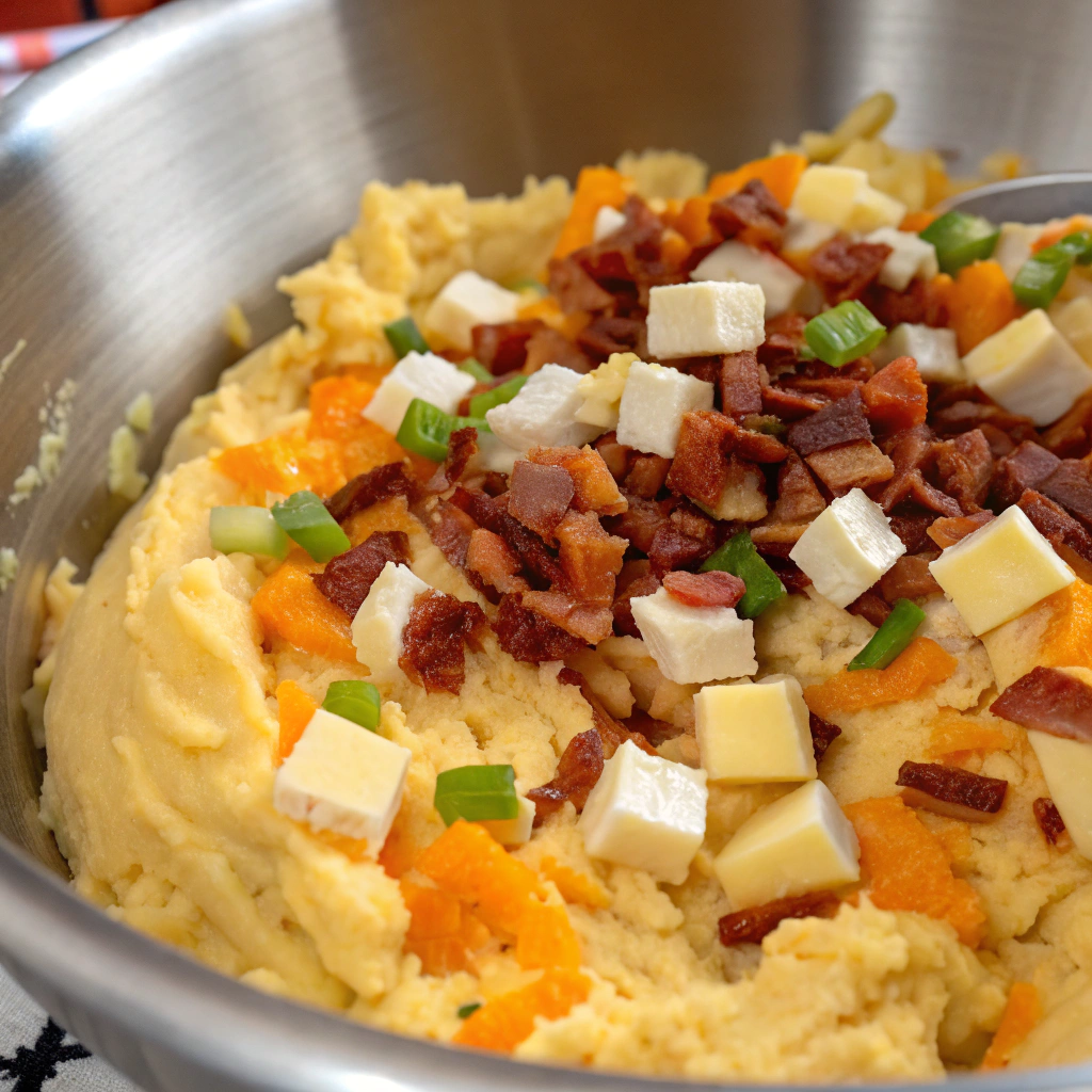 Close-up view of cheddar cheese chunks, eggs, sautéed veggies, and crumbled turkey bacon being mixed into the mashed potatoes.