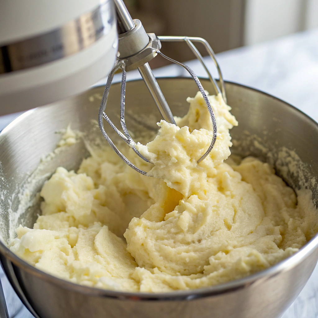 Close-up view of fluffy mashed potatoes being whipped in a stand mixer, with butter and hot milk being added.
