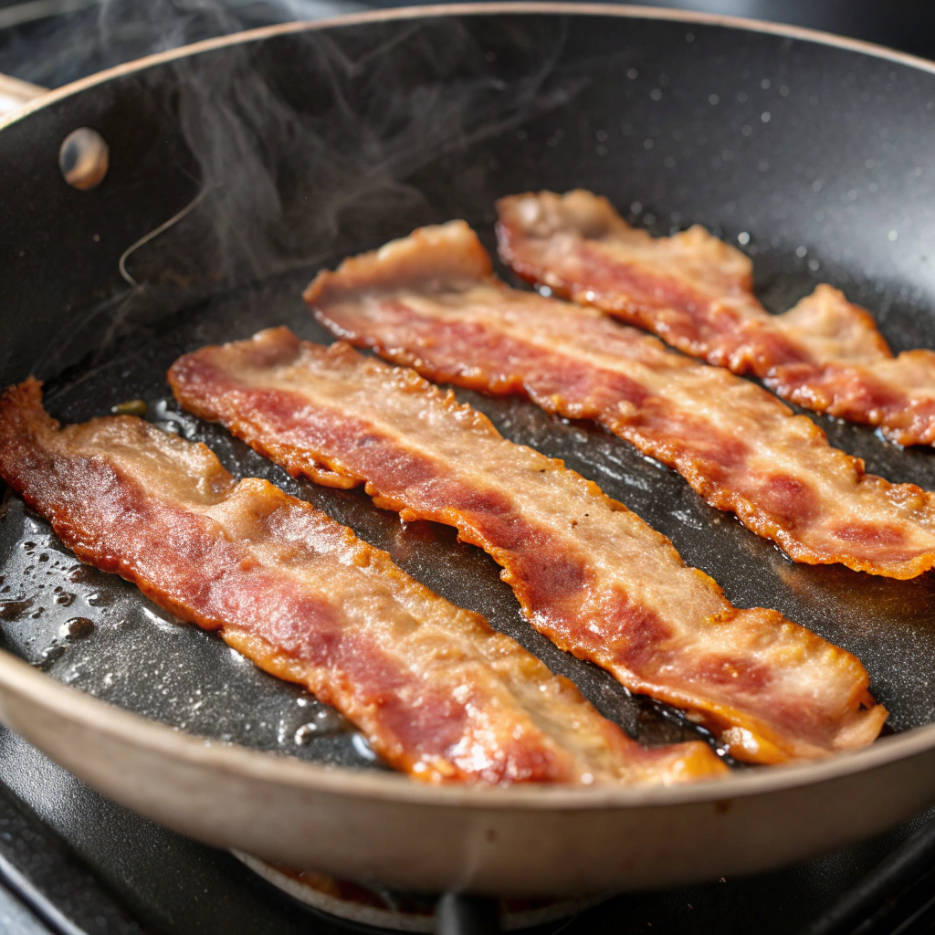 Close-up view of crispy turkey bacon strips frying in a skillet, with golden edges and a smoky aroma.