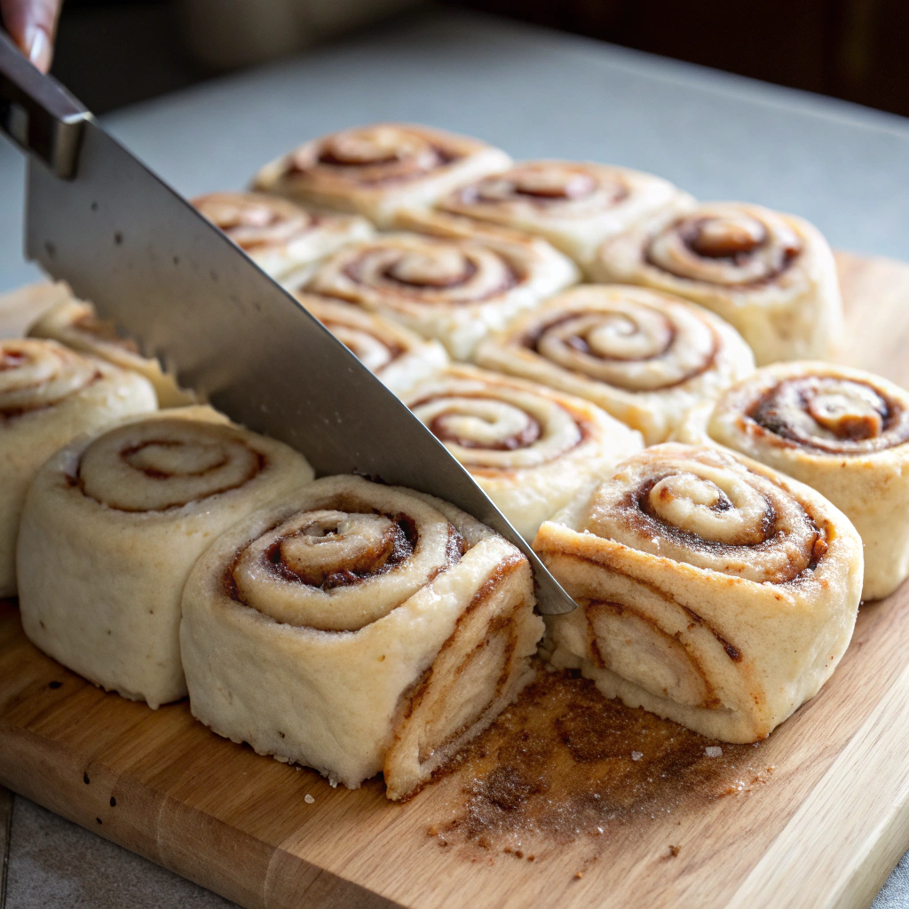 Close-up view of cinnamon rolls being cut into 8 pieces each, with a knife resting on a cutting board. The lighting highlights the swirls of cinnamon and dough.