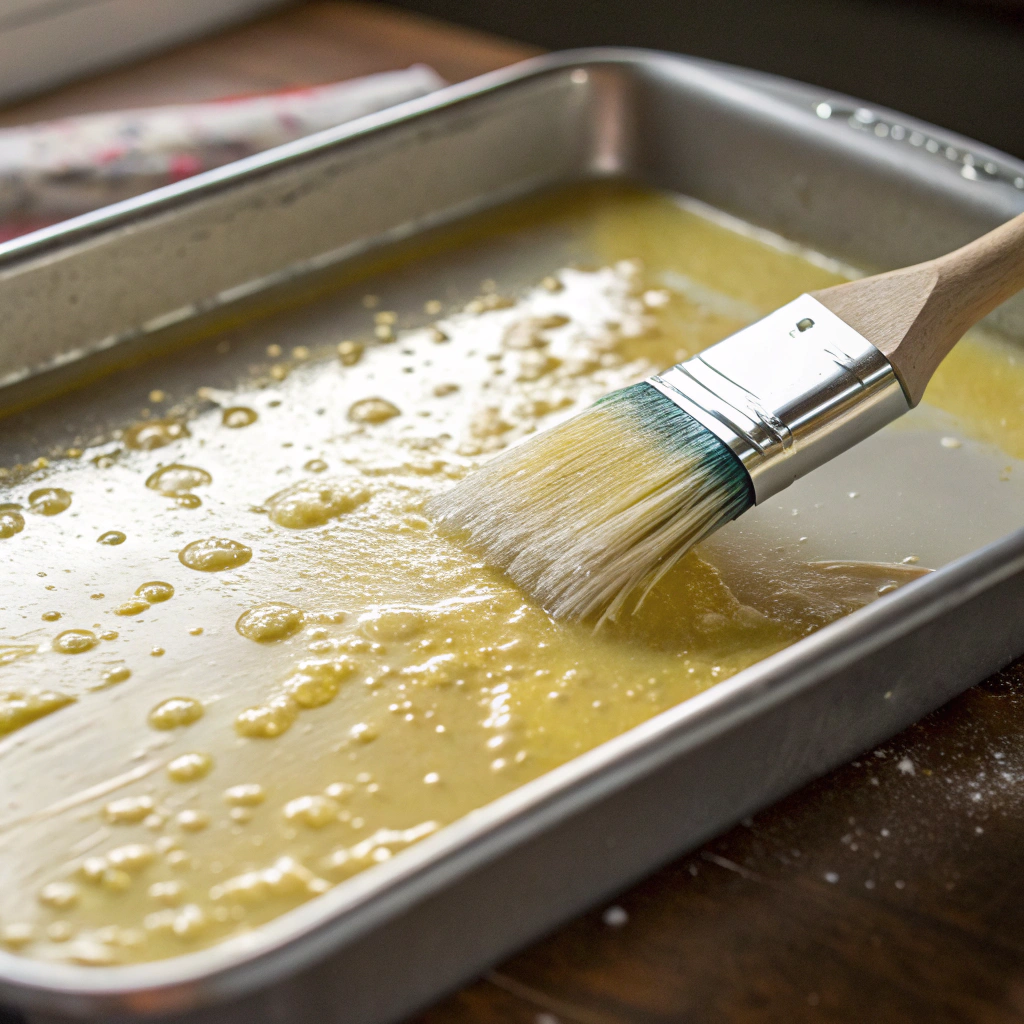 Close-up view of a 9x13-inch baking pan being coated with melted butter, with a pastry brush resting beside it. The lighting highlights the glossy, buttery surface of the pan.