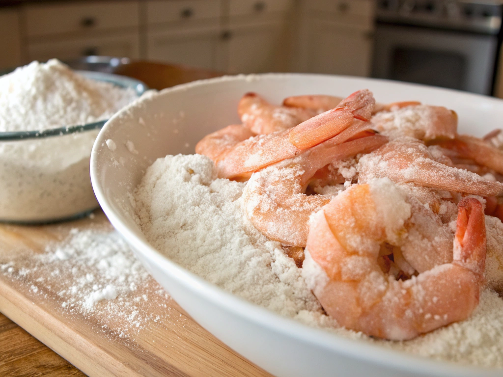 Close-up view of shrimp being coated in flour, dipped in sauce, and rolled in panko, with hands visible, in a cozy kitchen setting.