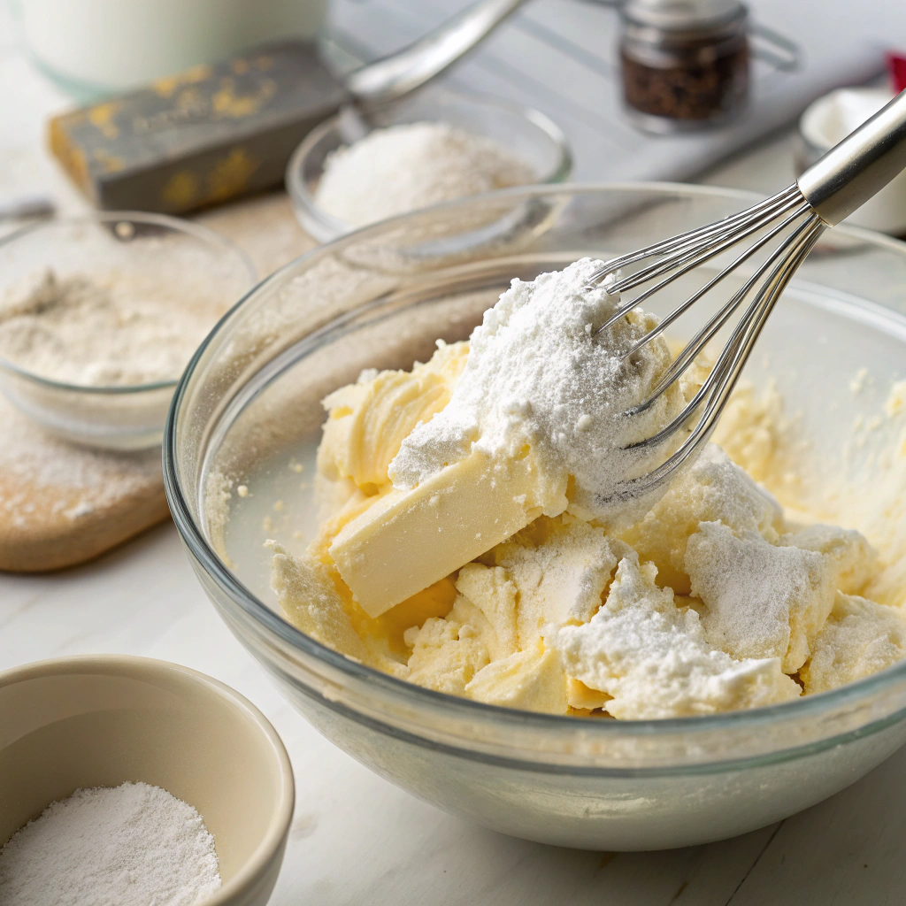 Close-up view of cream cheese and butter being beaten in a bowl, with powdered sugar and vanilla being added to create a smooth frosting.