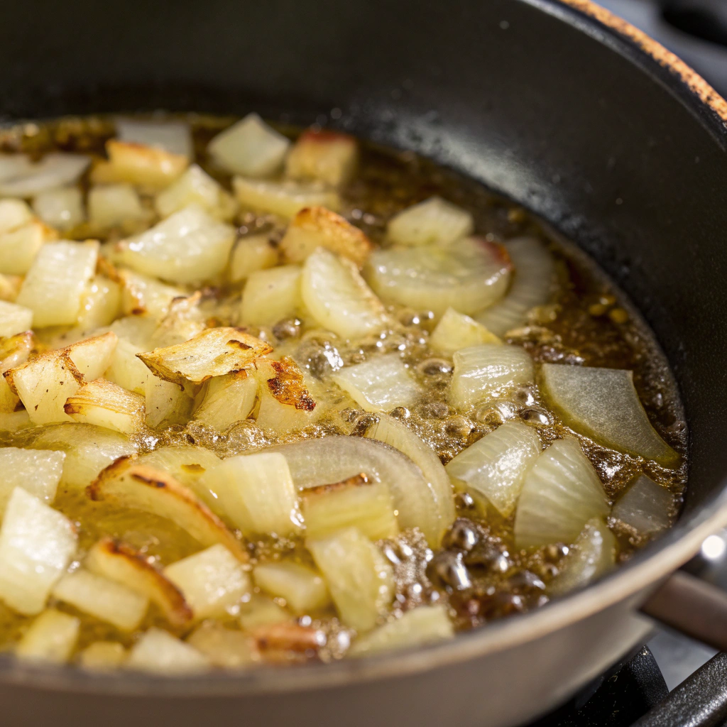 Close-up view of diced onions sizzling in olive oil in a stockpot, turning golden brown and releasing a savory aroma.